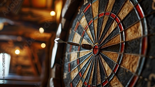 Dead center on the red bullseye, the dart celebrates a direct hit in a game of perfect aim photo