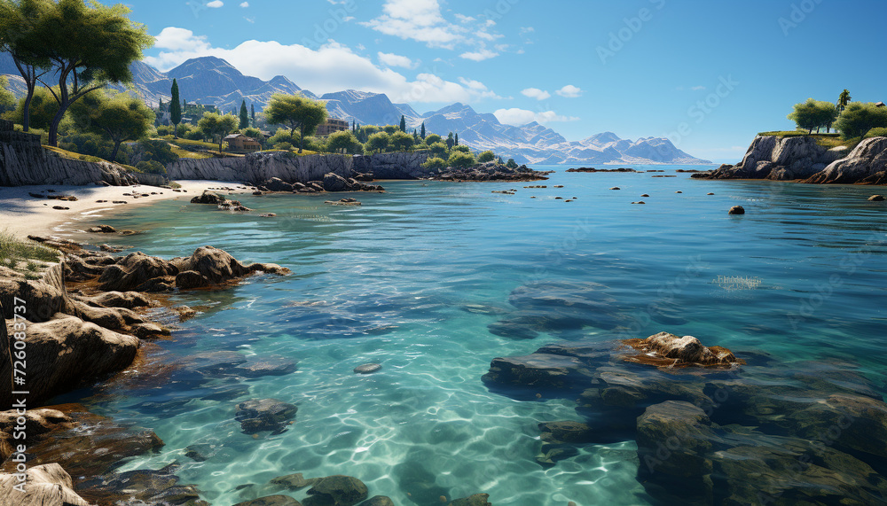 Tranquil summer coastline, mountain peak reflected in clear waters generated by AI