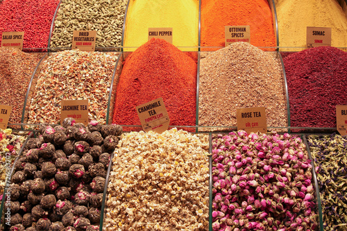 Close up of spices and dried flowers at Spice Market, Istanbul, Turkey 