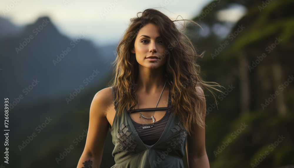 Young woman with long brown hair smiling in nature generated by AI