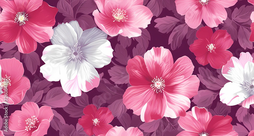 pink and white flowers in a pattern on a purple background © Sticker Me
