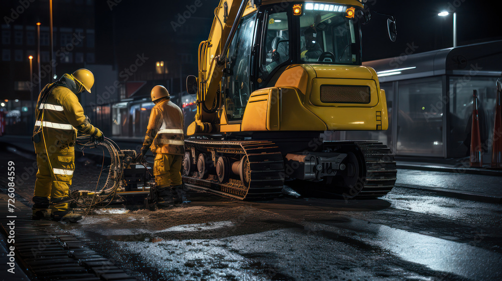 Excavator heavy equipment installing fiber optic cables on the highway by workers at night. Excavator heavy equipment installing fiber optic cables on the highway by workers at night.