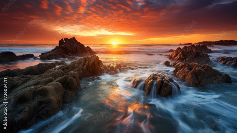 Natural view of rocky beach in the morning sunrise.