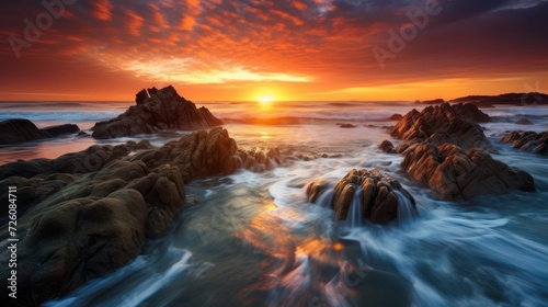 Natural view of rocky beach in the morning sunrise.