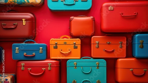 Stack of classic travel suitcases baggage on a red background