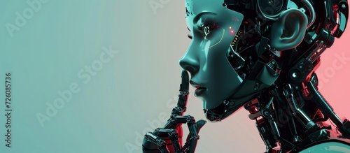 A highly detailed robot woman or futuristic cyber girl bringing her finger to her lips, with the head seen from the front on a colored background in a 3D render.