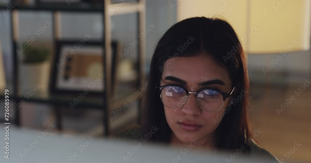 Woman, computer and work deadline at night as entrepreneur for small business, project or report. Female person, glasses and internet research for planning web results, productivity or connection Woman, computer and work deadline at night as entrepreneur for small business, project or report. Female person, glasses and internet research for planning web results, productivity or connection