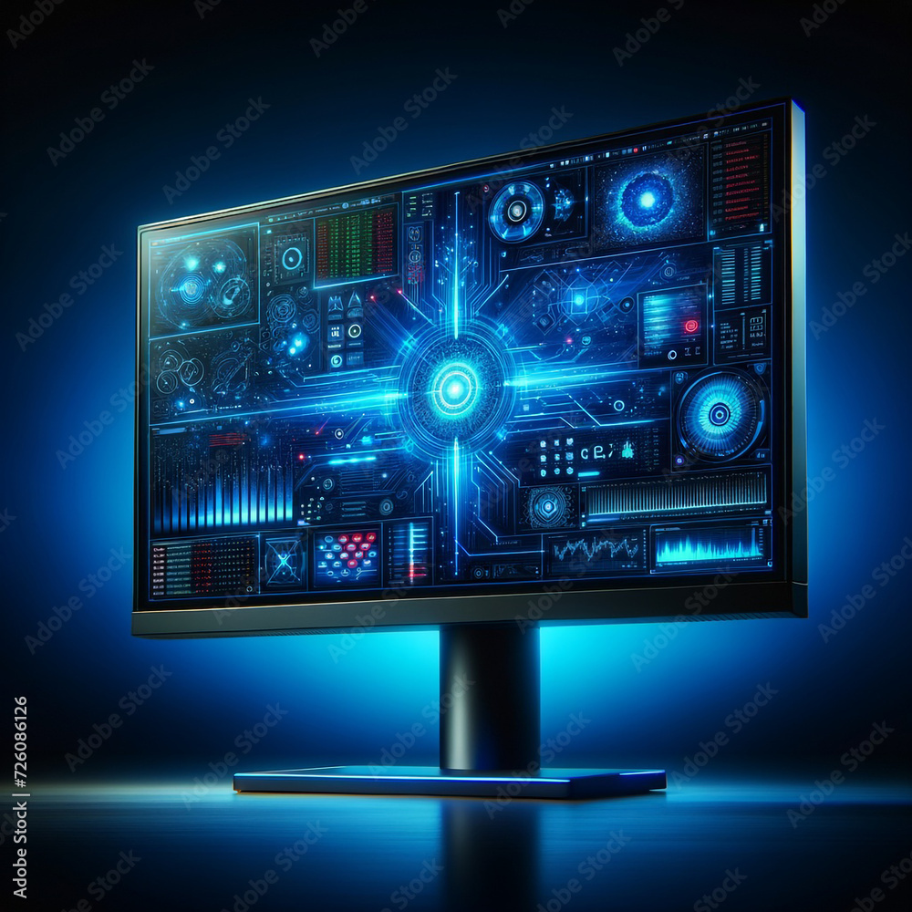 The high-performance gaming monitor exhibits a blue background