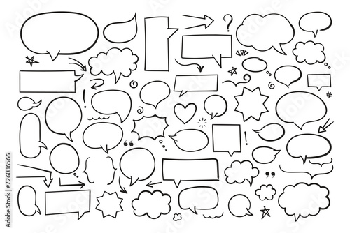 Big set of hand drawn speech bubbles, clouds and and doodle elements. Isolated simple vector illustration.