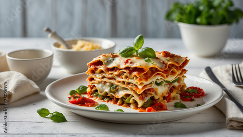 A vegetable lasagna served on a traditional plate against the backdrop of a pristine white wooden table with the vibrant colors of the assorted vegetables and the layers of melted cheese