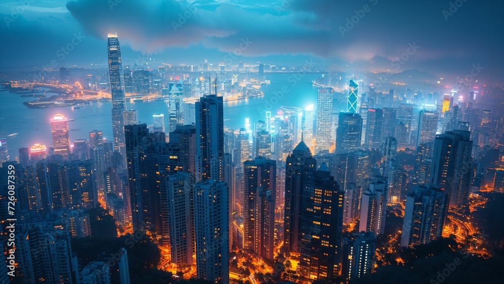 overhead view of a modern metropolitan city at dusk, skyscrapers lit up against the night sky overhead view of a modern metropolitan city at dusk, skyscrapers lit up against the night sky