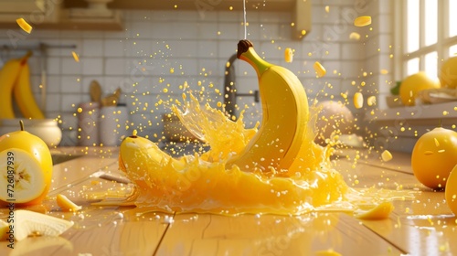 A clumsy character slips on a banana peel while holding a full gl of orange juice creating a hilarious chain reaction of juice flying everywhere in a makeshift shower.