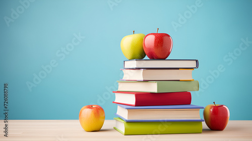 Stack of colorful books and fresh apple 
