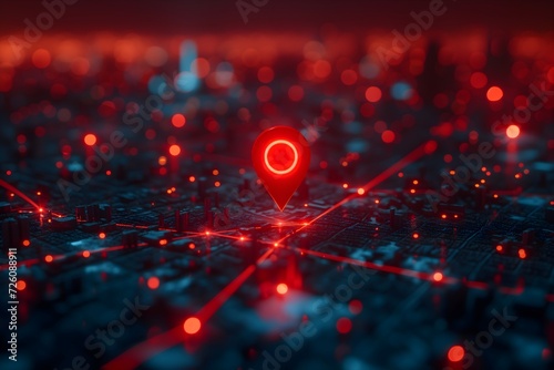 Evoke the excitement of urban exploration with this striking image featuring a red map pin amidst a bustling cityscape, representing connectivity and destination discovery.