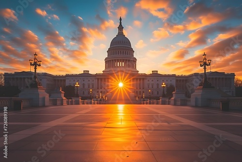 Elevate your projects with an awe-inspiring image of the US Capitol building at sunset in Washington DC, USA. A symbol of history and democracy bathed in golden light.