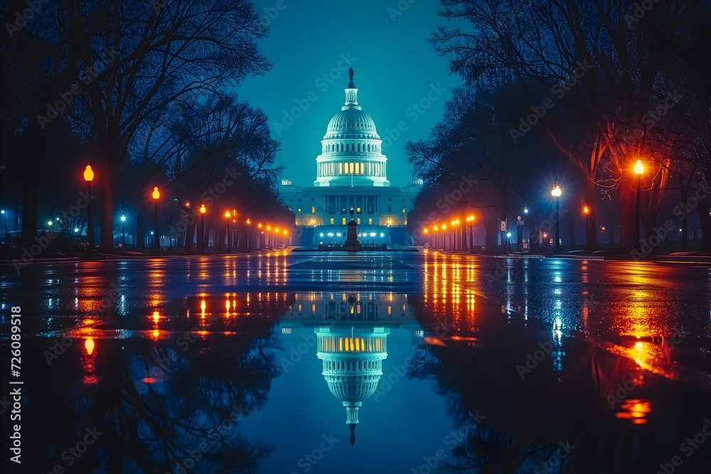Capture the iconic beauty of the US Capitol building at sunset in Washington DC, USA. A stunning landmark against a colorful sky, perfect for patriotic themes.