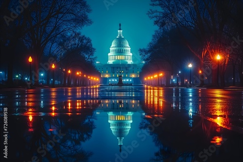 Capture the iconic beauty of the US Capitol building at sunset in Washington DC, USA. A stunning landmark against a colorful sky, perfect for patriotic themes.