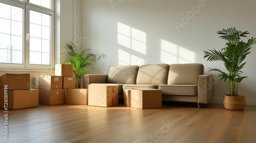 New house or apartment on moving day. Empty room with cardboard boxes, couch and green plant. Real estate concept © Oulaphone