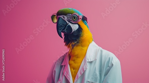 Colorful Parrot Wearing Lab Coat and Gloves on Pink Background