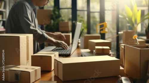 A business owner is focused on preparing parcels for shipment in a home office environment. © tashechka