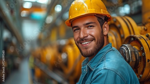 Pictured at the warehouse of a metal processing firm is a dashing young factory worker in uniform  holding a protective helmet and grinning mischievously at the camera.