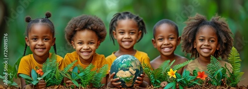 Concept for the International Day of Peace: African children clutching the globe of Earth. African youngsters clutching the globe Earth against a hazy background of the natural world. photo