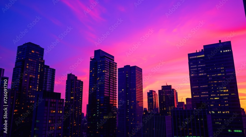 As the sun dips below the horizon the striking silhouettes of office towers rise up against a vivid sky of purples pinks and oranges.