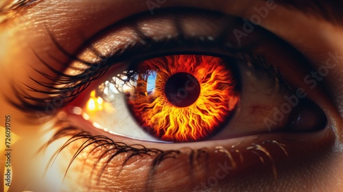 Close-up of a beautiful female eye with a glowing fire in the iris. © crazyass