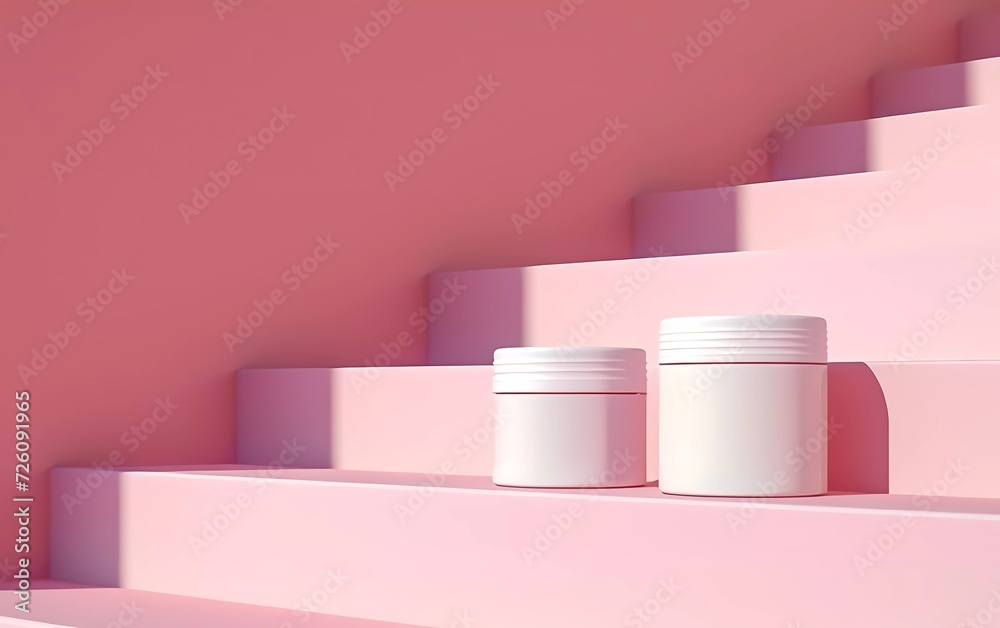 3d illustration rendering of two packs of white cream. They stood on the platform. On the stairs. Pink background. Minimal product display. generative ai 3d illustration rendering of two packs of white cream. They stood on the platform. On the stairs. Pink background. Minimal product display. generative ai