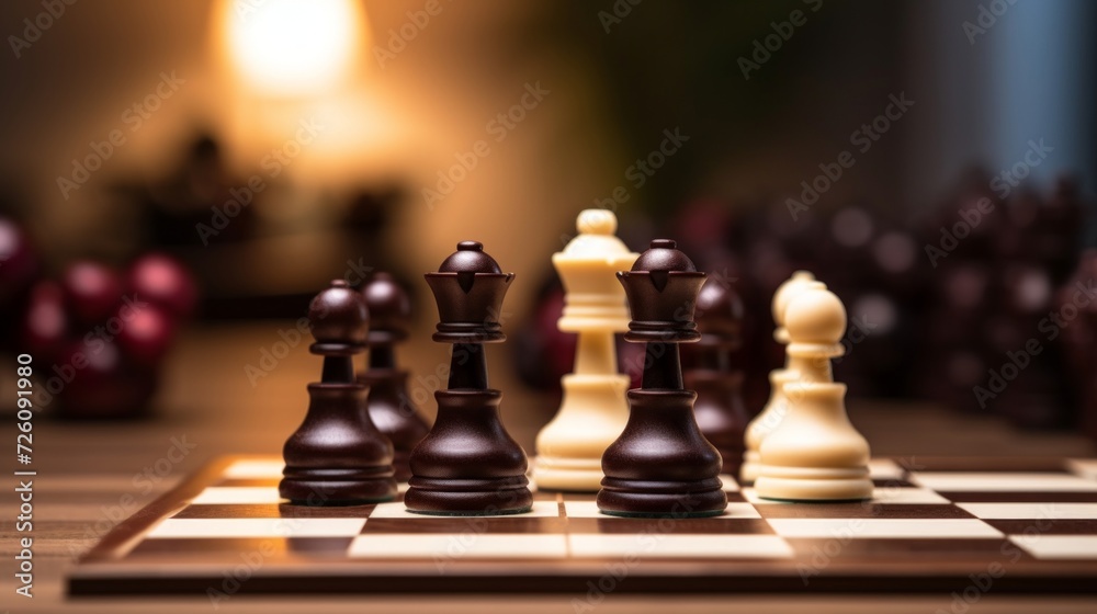A focused view of a chessboard game, highlighting strategy and intelligence, in a cozy indoor setting. A focused view of a chessboard game, highlighting strategy and intelligence, in a cozy indoor setting.