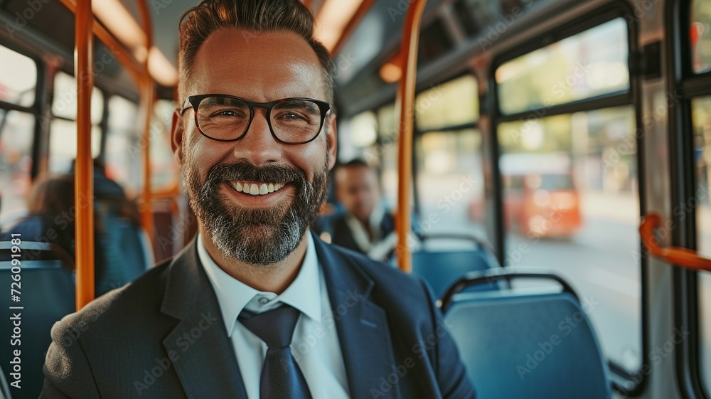 An image depicts a content businessman in a suit taking public transit to cut down on air pollution while riding a bus. A businessman takes the bus to work. An image depicts a content businessman in a suit taking public transit to cut down on air pollution while riding a bus. A businessman takes the bus to work.