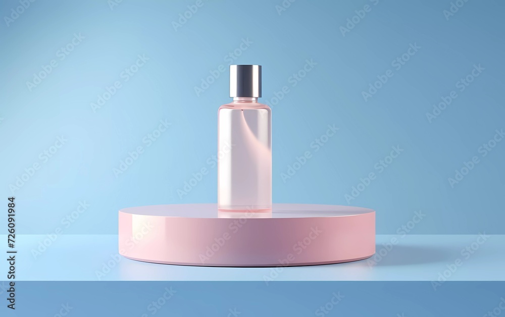 3d illustration Cosmetic pink cream bottle mockup on blue background on pedestal podium. Unbranded lotion beauty product packaging. generative ai 3d illustration Cosmetic pink cream bottle mockup on blue background on pedestal podium. Unbranded lotion beauty product packaging. generative ai