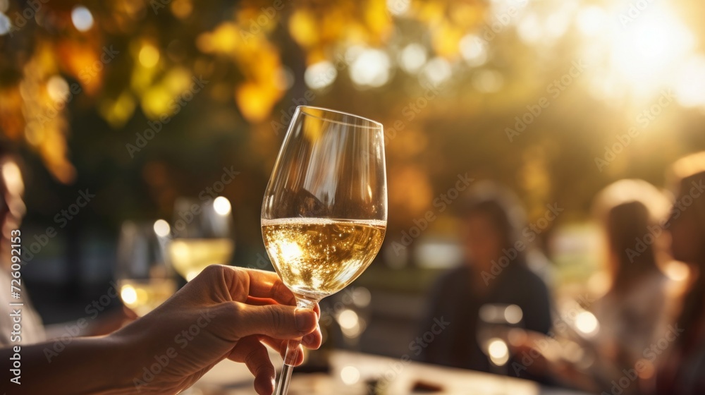 Sparkling white wine in a glass held outdoors with warm sunlight filtering through. Sparkling white wine in a glass held outdoors with warm sunlight filtering through.