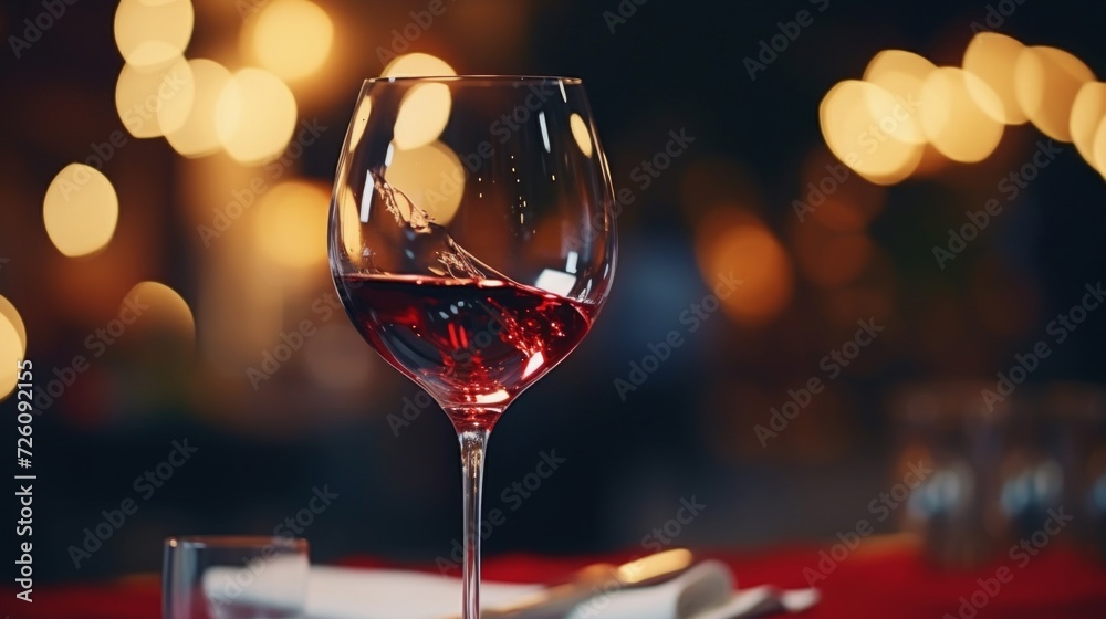 Close-up of a red wine glass in a dimly lit setting with warm bokeh lights, conveying an intimate dining experience.