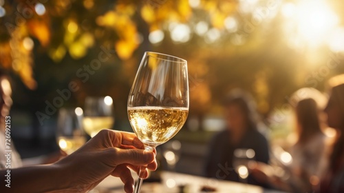 Sparkling white wine in a glass held outdoors with warm sunlight filtering through. photo