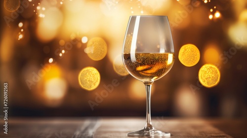 A sparkling white wine glass against a golden bokeh light effect, perfect for celebrations and special occasions.