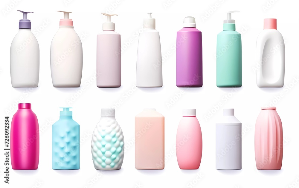 3d illustration collection of various beauty cosmetic hygiene containers plastic bottles with body moisturizer isolated on white background. generative ai 3d illustration collection of various beauty cosmetic hygiene containers plastic bottles with body moisturizer isolated on white background. generative ai