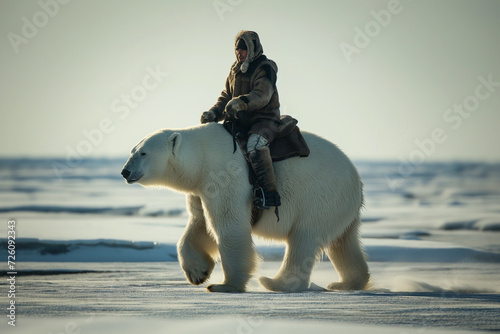 Modern day hunter riding a polar bear on a saddle across the Canadian tundra