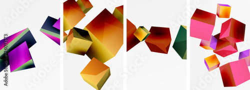 Flying 3d shapes, cubes and other geometric elements background design for wallpaper, business card, cover, poster, banner, brochure, header, website