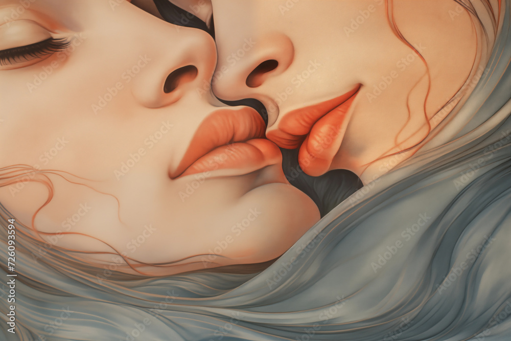 detailed illustration painting portrait of two beautiful women in love together with big red luscious lips