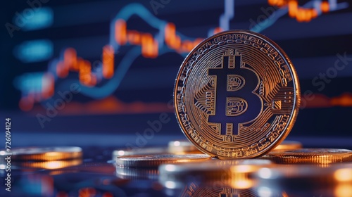 A shiny Bitcoin token stands in sharp focus against a backdrop of a blurred financial chart, highlighting cryptocurrency investment and market trends.