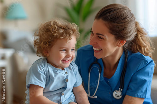 A female doctor nurse speaks to a cute little smiling child