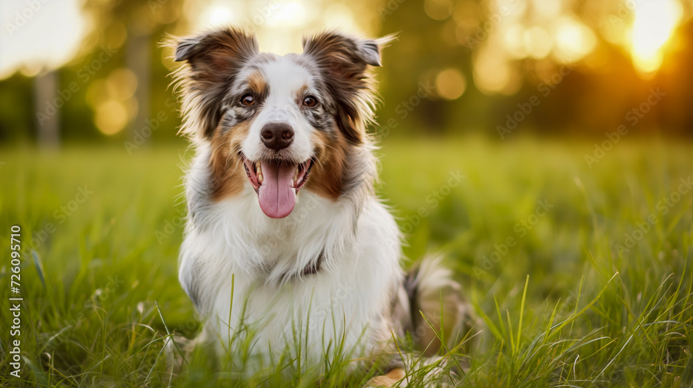 Happy Australian Shepherd dog outdoors in a beautiful field.. Dog portrait playing and relaxing outside.
