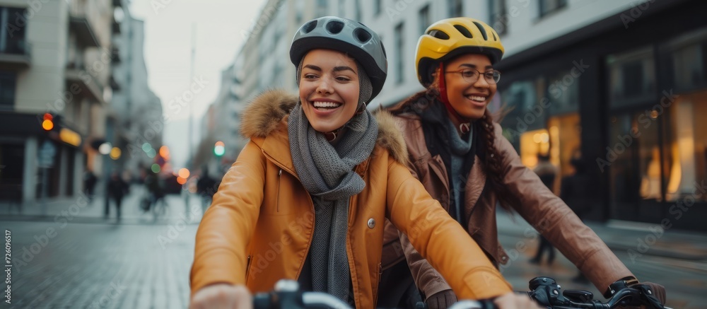 Two women happily biking together in the city.