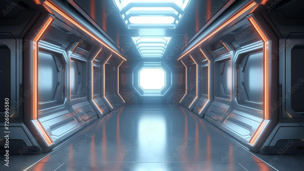 sci fi space station corridor or dark metallic futuristic spaceship. seamless looping overlay 4k virtual video animation background 