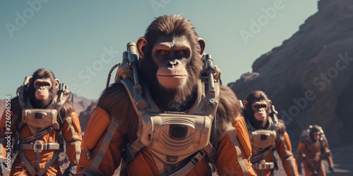 Apes in a spacesuit stands on Mars, movie poster. Generative AI. photo