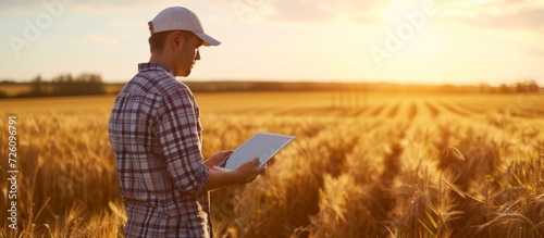 Farmers analyze cereal fields and upload data to the cloud using digital devices for smart farming and digital agriculture.