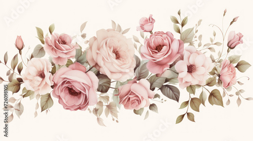 Pink rose flowers Bouquet watercolor on a White Background with Green Leaves for a wedding card, a Beautiful Floral Arrangement for a Romantic Wedding or Anniversary © Katewaree