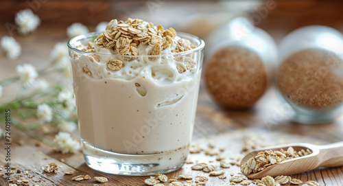 Delicious and healthy greek yogurt in a glass cup with oat granola and seeds on a wooden counter photo