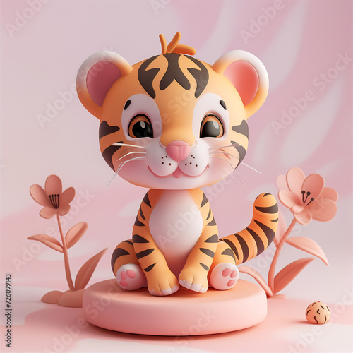 3d clay kawaii baby tigher, muted pastels, Blender 3d